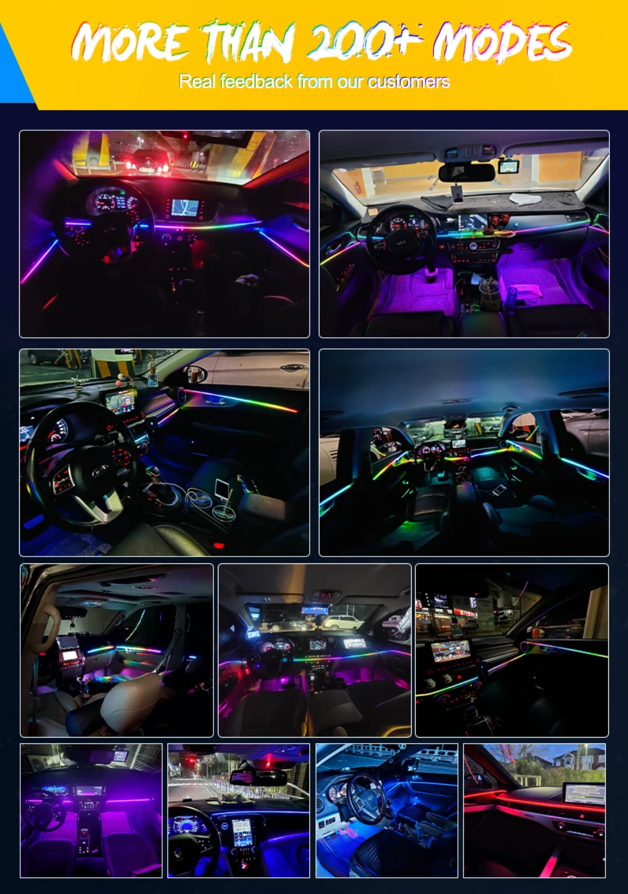 Luces LED Ambientales de coche 10 en 1, Tira LED Dinámica multicolor, RGB Full LED, 64 colores, LED Universal, Interior, tira acrílica oculta, luz de interior