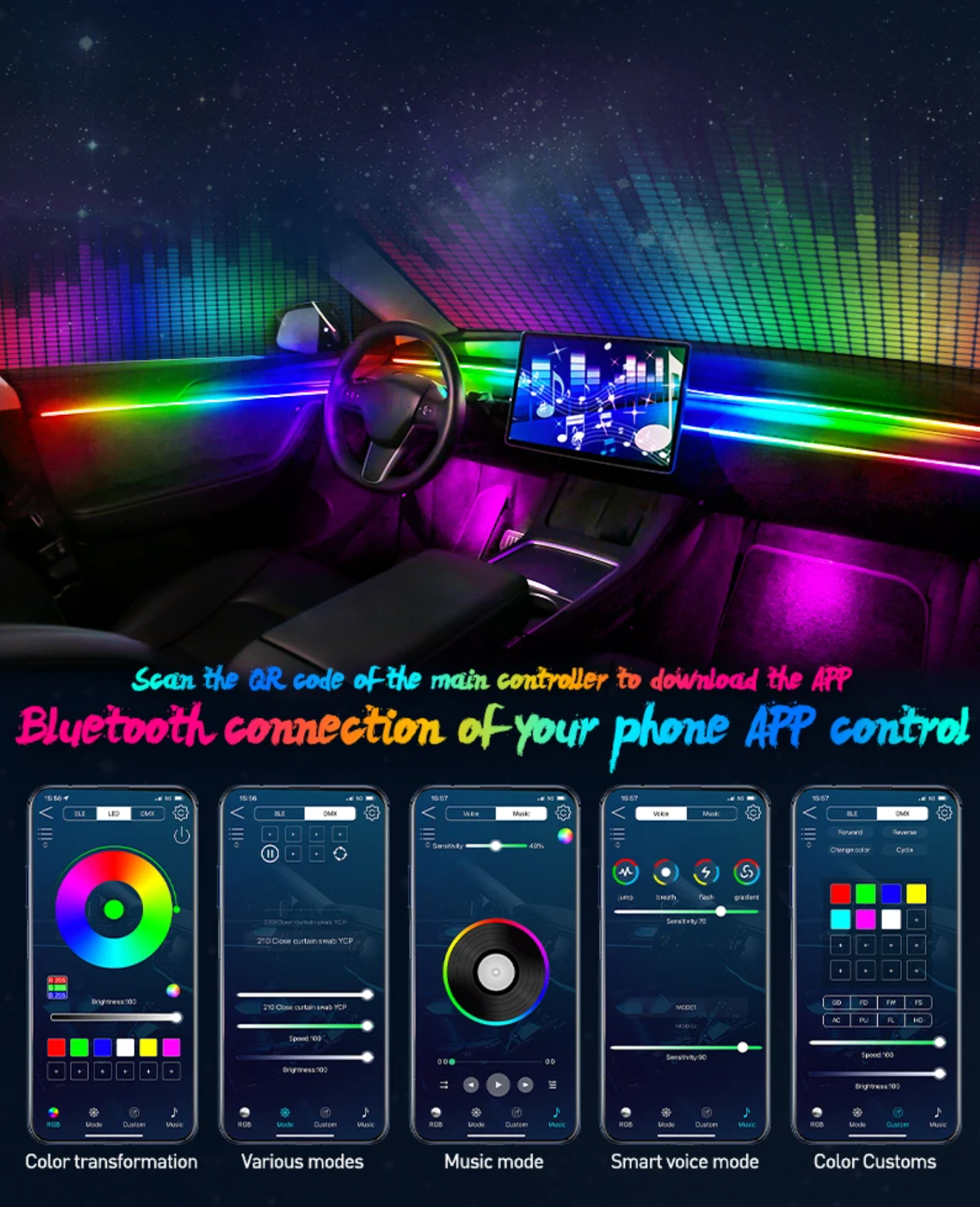 Luces LED Ambientales de coche 10 en 1, Tira LED Dinámica multicolor, RGB Full LED, 64 colores, LED Universal, Interior, tira acrílica oculta, luz de interior