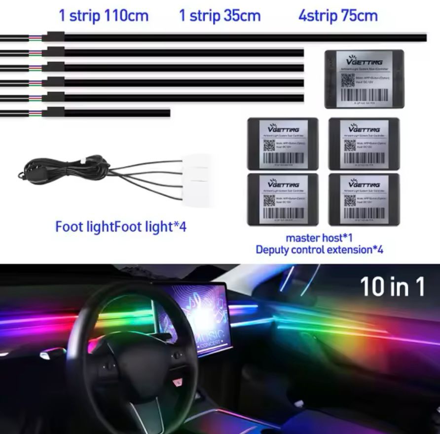 Luces LED Ambientales de coche 10 en 1, Tira LED Dinámica multicolor, RGB Full LED, 64 colores, LED Universal, Interior, tira acrílica oculta, luz de interior